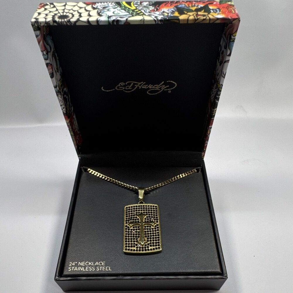 Ed Hardy 24 in Stainless Steel Gold Tone Curb Chain Cross Pendant Signed